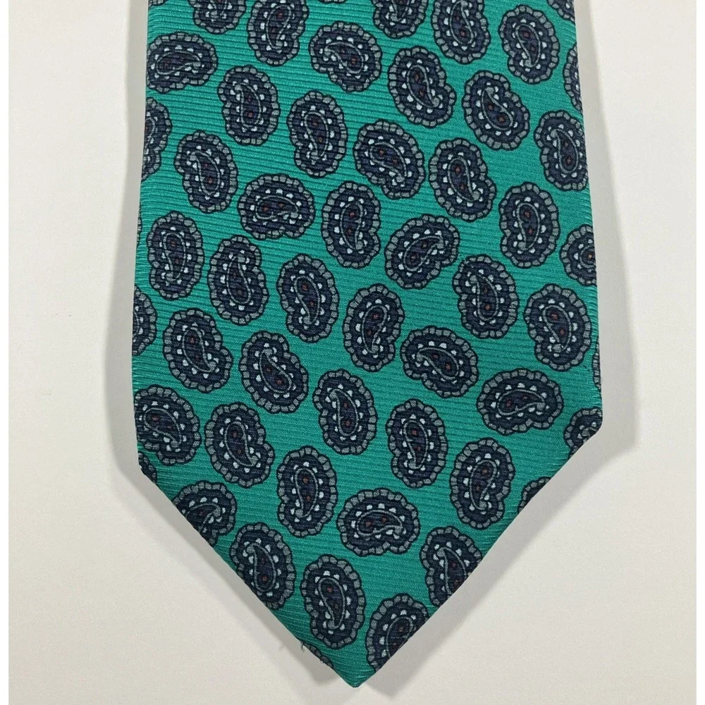 Vintage Robert Talbott Teal Green Foulard Paisley‎ Silk Necktie Hand Sewn USA